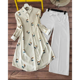 Cream Multicolor Leaf Print Rayon Kurti with White Palazzo Set